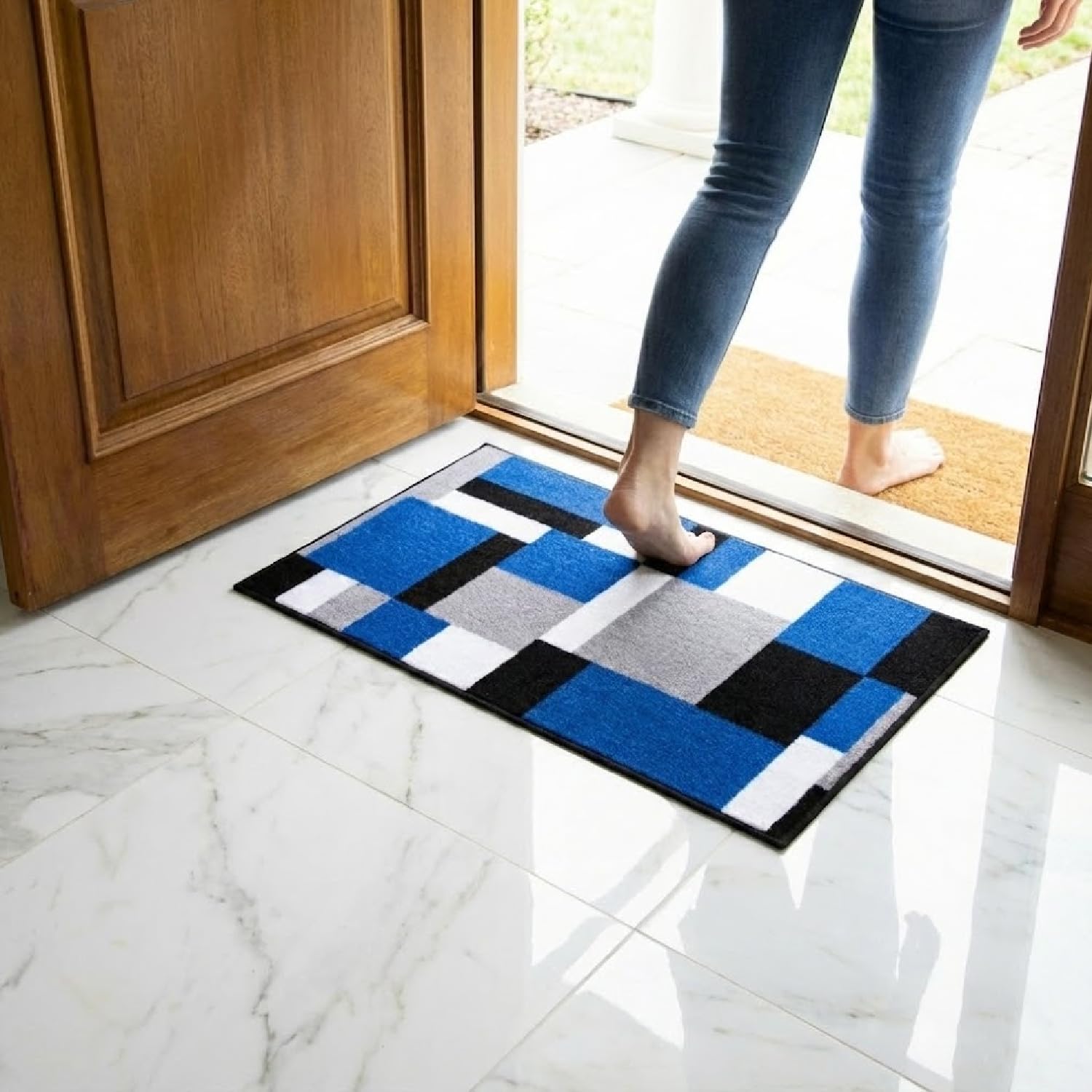 Fit Even Kilas Door Mat - Non-Slip Washable Doormat, Suitable for Indoor/Outdoor Use, Heavy Duty Dirt Trapper and Water Absorbent (Blue Black, 50 x 80 cm)