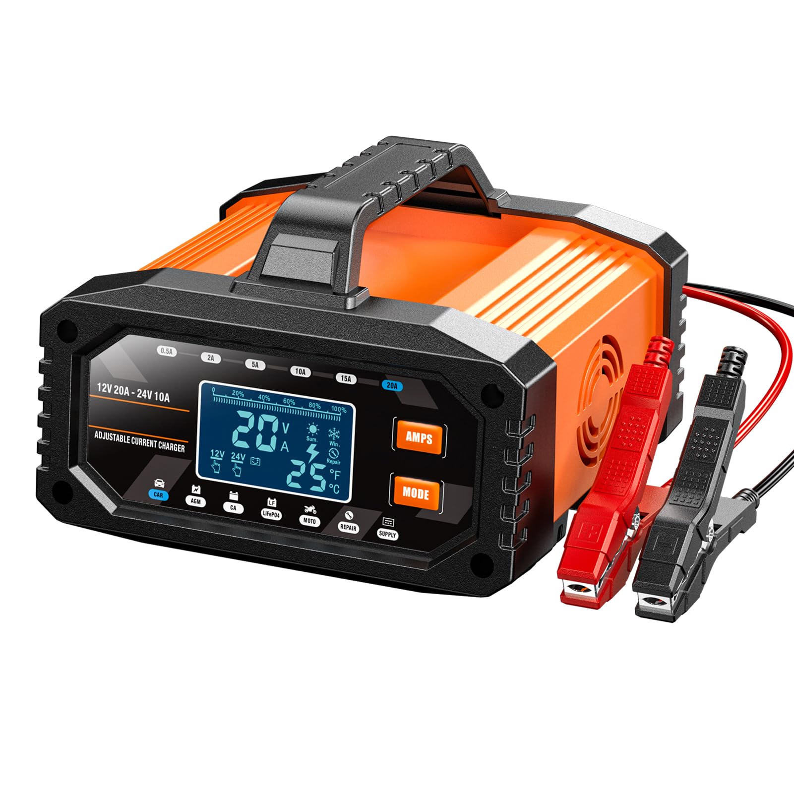 Yctze Caricabatterie Intelligente 12V 20A 24V 10A Caricabatteria per Auto Regolabile Manutentore di Mantenimento Automatico con Modalità di Riparazione a Impulsi per Auto Moto Cam (Spina europea)
