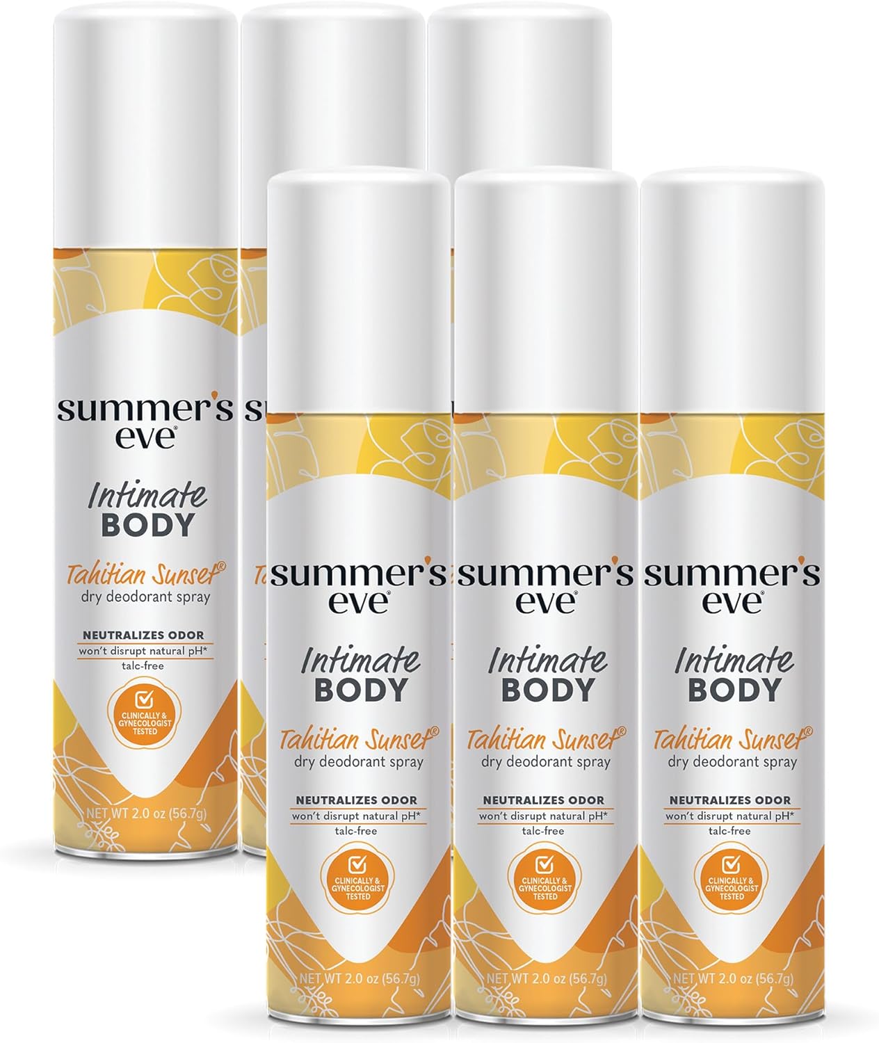 Summer's Eve Tahitian Sunset Daily Feminine Spray with Talc-Free, Odor-Neutralizing and Moisture-Absorbing Formula, 2 Oz, Pack of 6