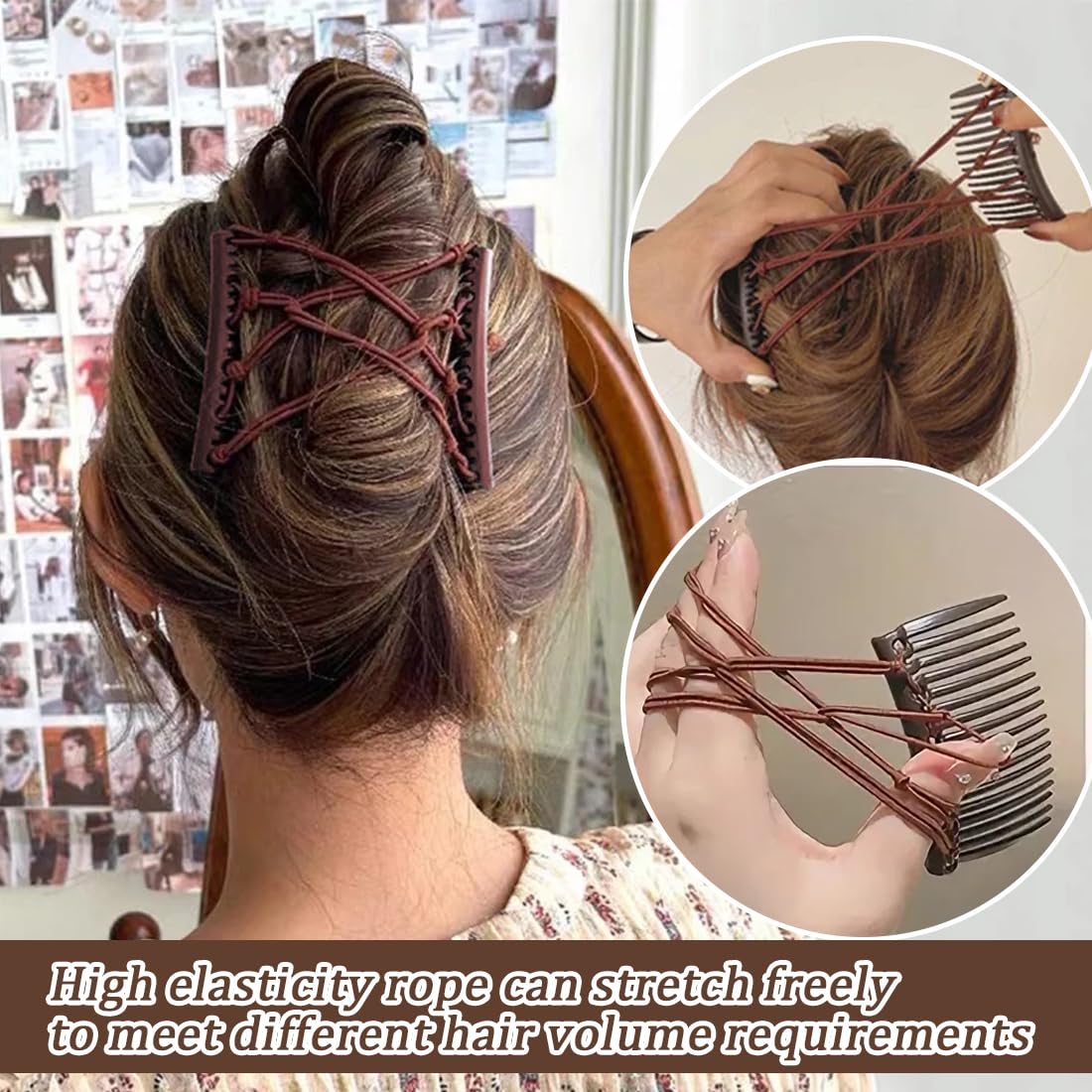 4 pinzas elásticas para el cabello con peine doble, peines mágicos elásticos para cabello grueso, ajustables