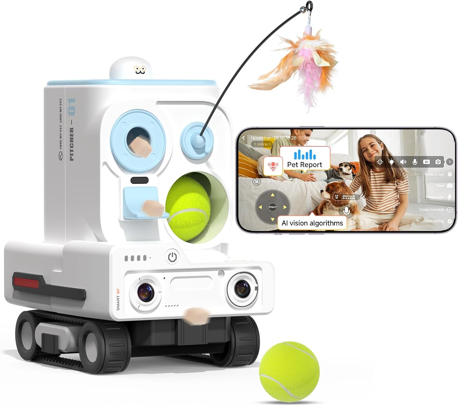 PMATE Self-Moving Pets Camera AI-Powered Rover with Auto Tracking & Patrol, 2K Live View, Night Vision, 2-Way Talk, and Auto-Recharge,(Blue)