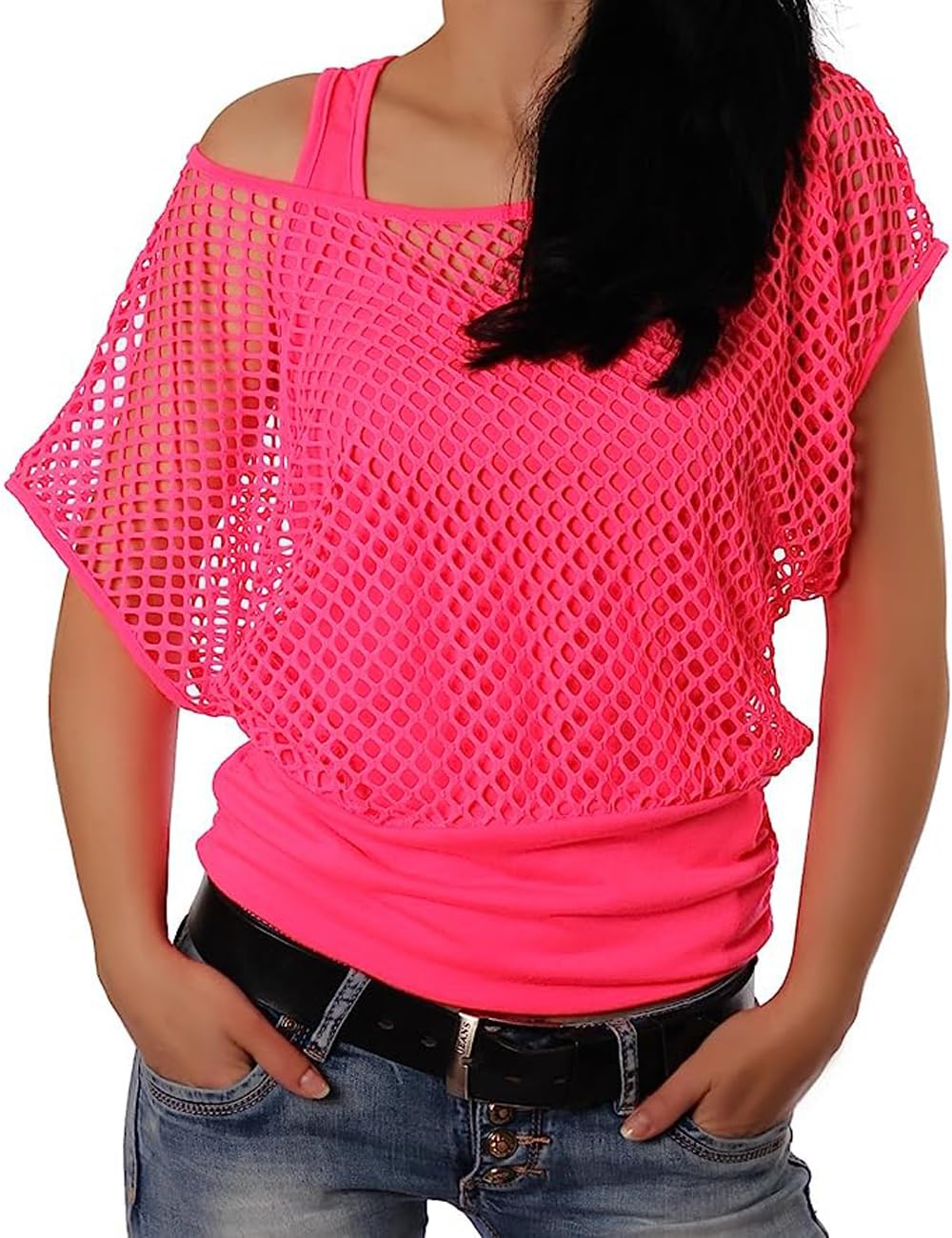 ELFIN Damen Netzshirt Netztop Netzhemd 80er Jahre Outfits Karneval Fasching Motto Party Tops Netzoberteil Sommertops, Neonpink, L