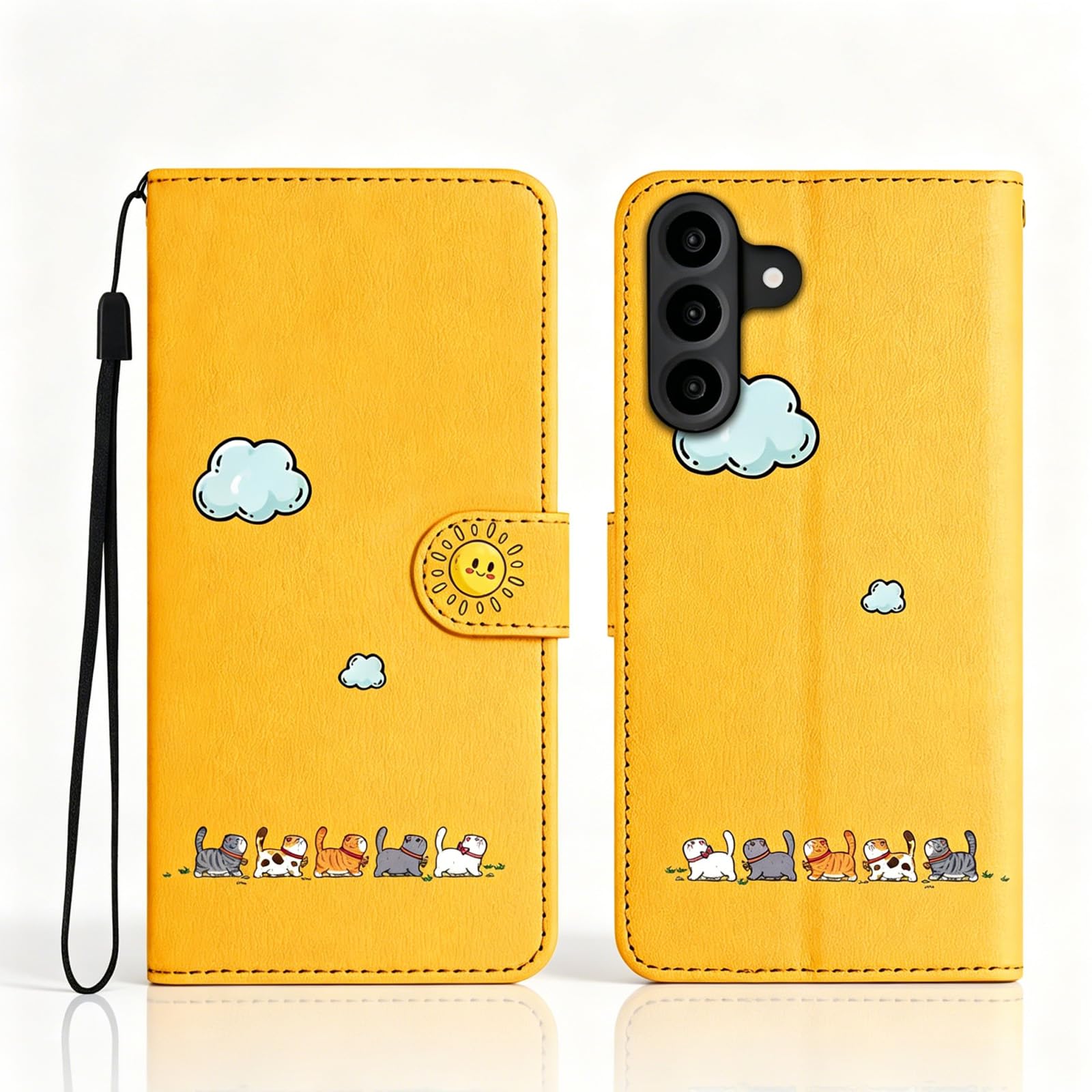 Nbziyoo Katze Klappbar Lederhülle Handyhülle für Samsung Galaxy A37 | Handschlaufe, Ständer Handyhülle Magnetverschluss, Wallet Flip Case, Stoßfest, haltbarem, Kartenfächer,Gelb