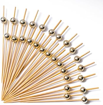 PuTwo Gold Pearl Cocktail Picks 4.7 Inch 100pcs Bamboo Fancy Skewers Toothpicks for Appetizers Food Drink Fruit Sandwich BBQ Wedding Cocktail Party Charcuterie Boards Accessories Party Supplies