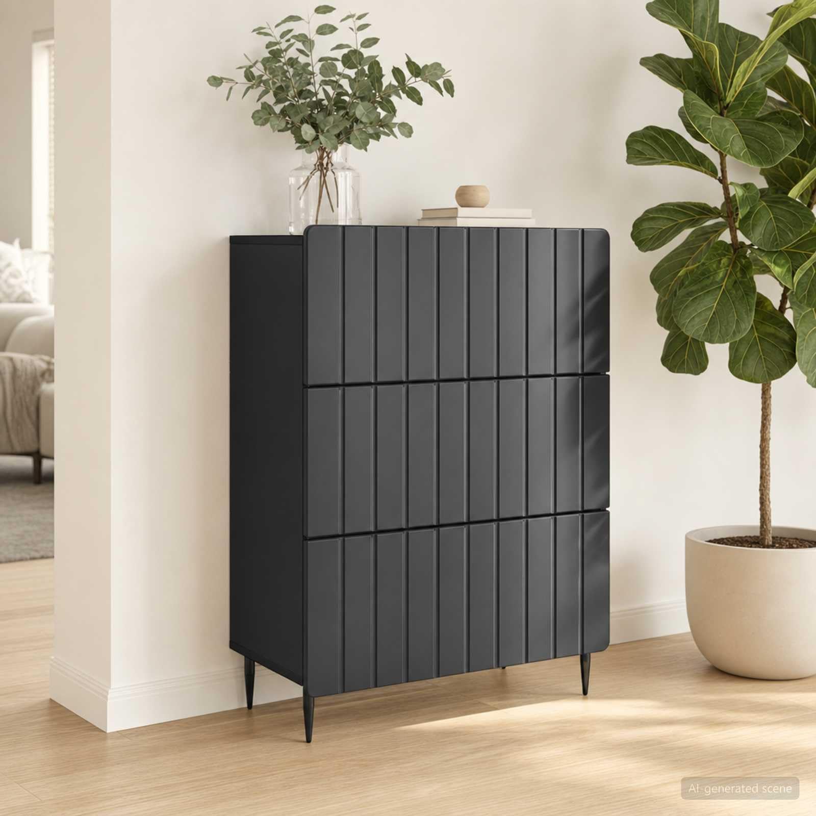 Armario con cajones negro 66 x 34,5 x 92 cm, material de madera, 3 cajones, armario de almacenamiento para oficina, dormitorio y pasillo, compacto para ordenar y espacio de almacenamiento