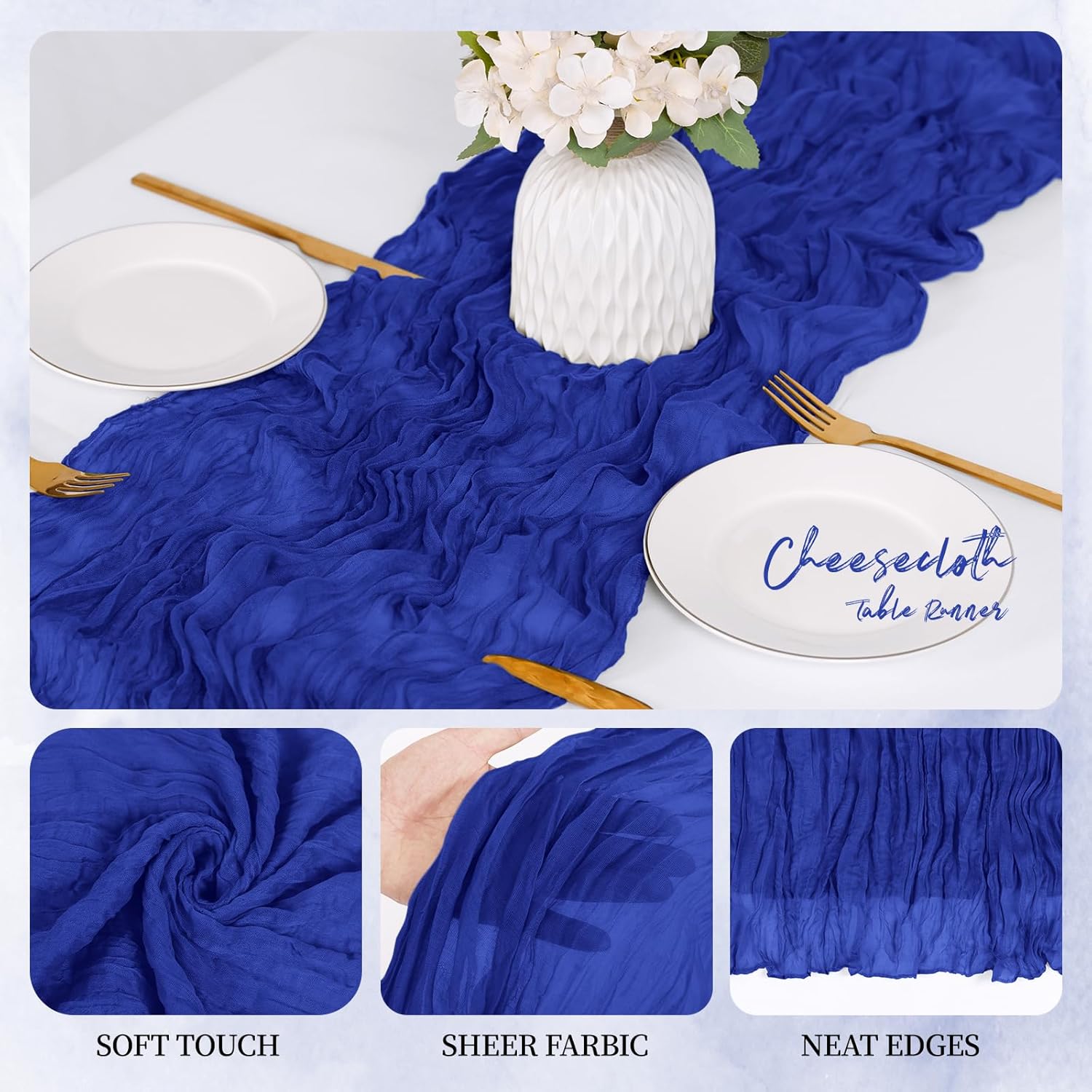 12 Pack Royal Blue Cheesecloth Table Runner 17x108 Inch Semi Sheer Boho Gauze Cheese Cloth Fabric Table Runners, for Wedding Party Baby Shower Birthday Home Decor Garden Farmhouse