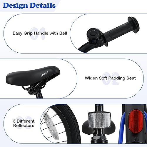 Miniatura 7 de Olakids Bicicleta para niños, 12, 14, 16, 18 pulgadas, con ruedas de entrenamiento, campana de seguridad, asiento ajustable y manubrio, freno de