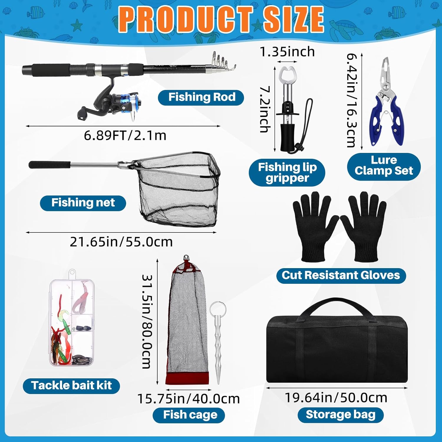 Telescopic Fishing Rod and Reel Combo, 6.89ft 2pcs Collapsible Rod with Plier Lip Gripper Lures Carrier Bag Pre-Loaded Spinning Reel Saltwater Freshwater Fishing Pole Kit