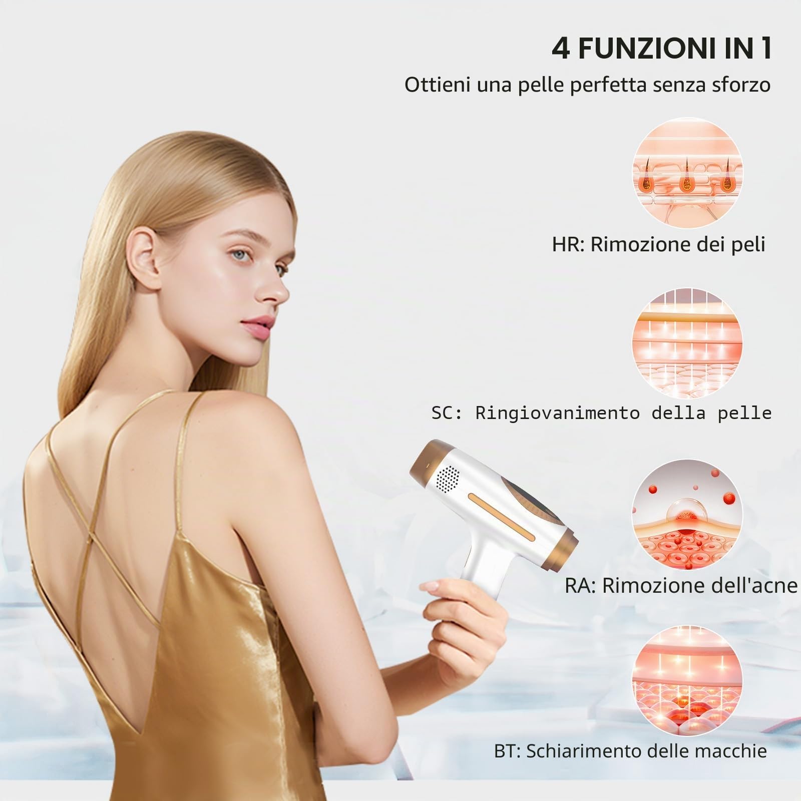 Dispositivo di depilazione IPL con tecnologia di raffreddamento del ghiaccio, dispositivo di depilazione laser aggiornamento 2026 con HR/SC/RA/BT, 10 livelli di energia, 999.999 flash per donne/uomini