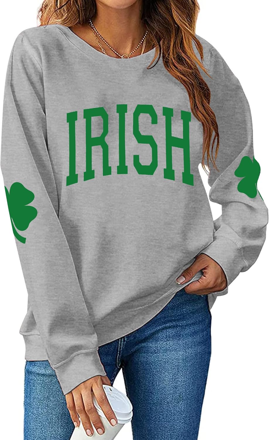 TAOHONG Women St. Patrick's Day Sweatshirts Shamrock Shirt Clover Printed Long Sleeve Irish Gift Casual Loose Fit Tops