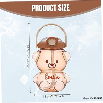 Kawaii Water Bottle with Straw and Strap, 1L Cute Bear Water Bottles Portable Leakproof BPA-Free Plastic Drinking Cups for Kids Girls Women Sports Camping Picnic Hiking Travel, Sports