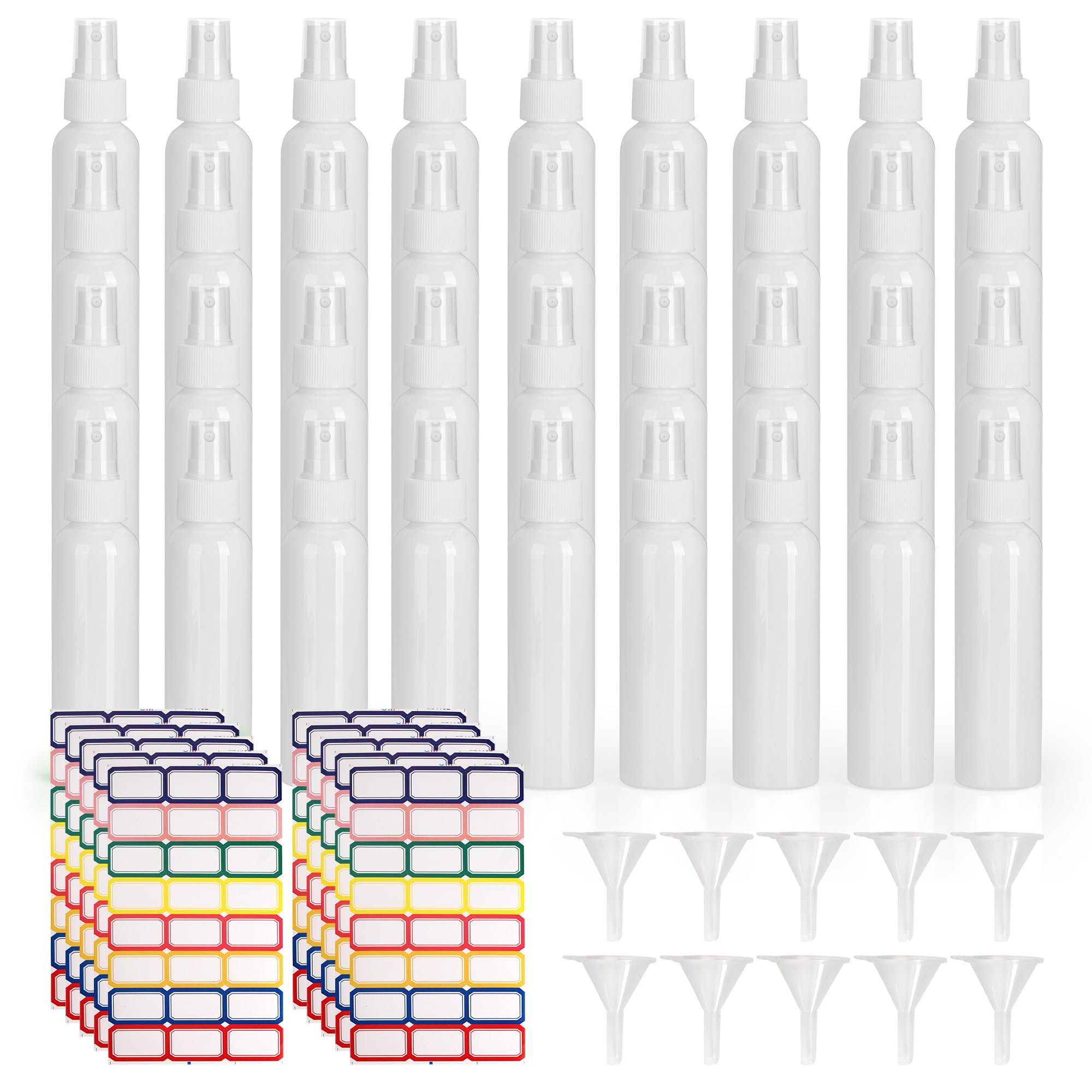 36 Stück weiße kleine Sprühflaschen 120 ml Kunststoff-Sprühflaschen, feiner Nebel, leere kleine Reise-Sprühflasche, nachfüllbare Mini-Sprühflasche, leere Flasche mit Trichtern und Etiketten