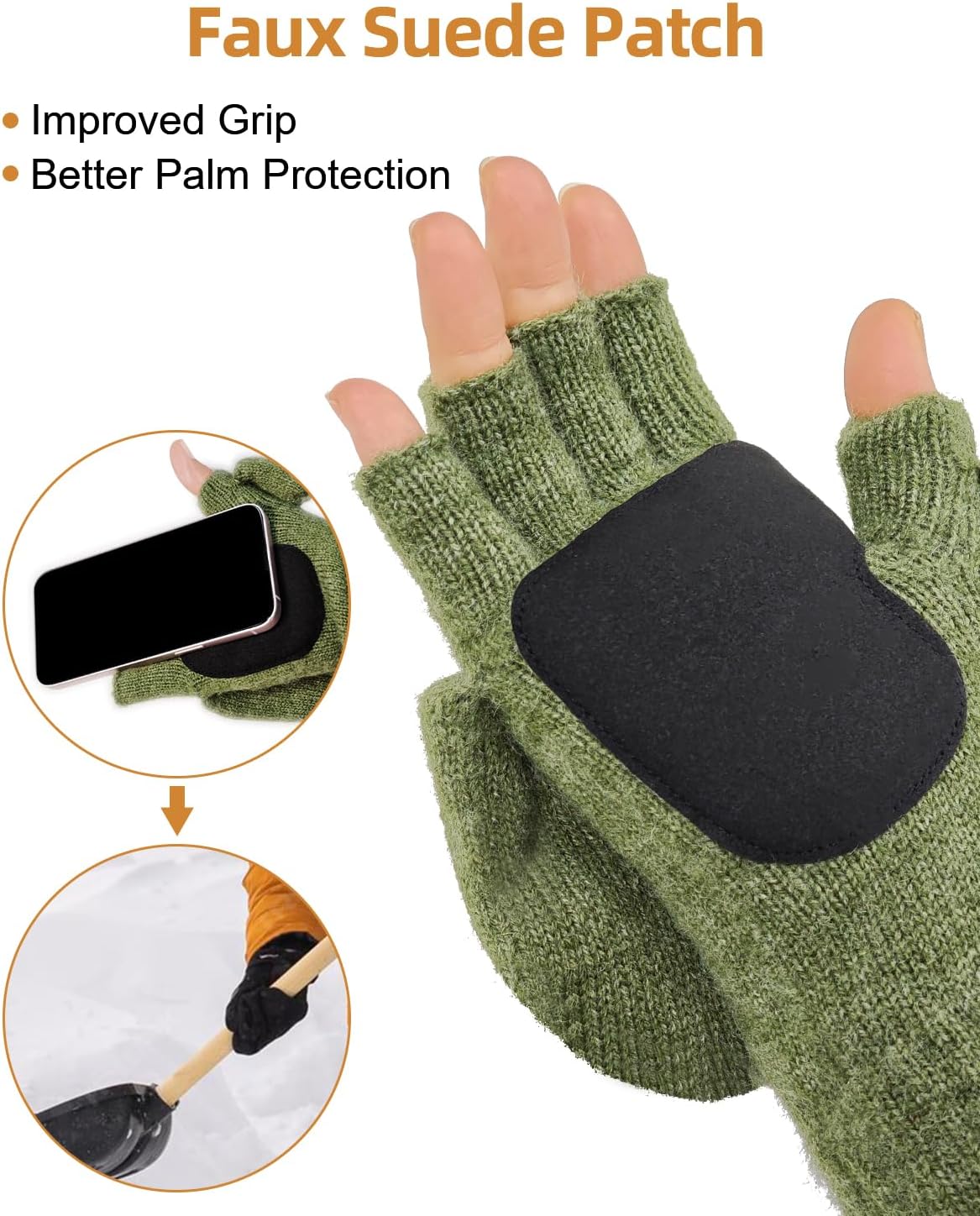 Convertible Flip Winter Gloves, Fingerless Gloves for Men Women | Wool Mittens with Flip Thumbtop, Magnetic Button Closure, Faux Suede Patch, Warm Gloves for Gifts