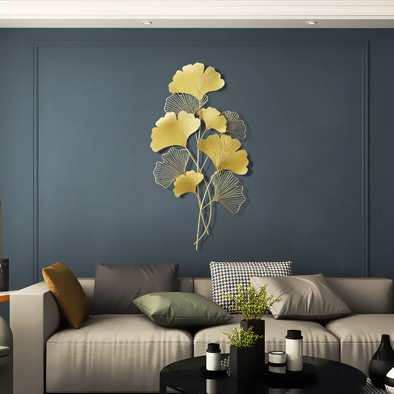 SanBouSi Wanddekoration Ginkgo 3D Wandbild aus Metall, Wanddeko Blätter Wandverzierung Wandskulpturen, Hintergrund Wand Wohnzimmer Dekoration, Gold 110x55 cm