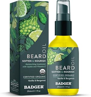 Badger Organic Beard Oil Babassu & Jojoba - USDA Certified, Non-Greasy Conditioner for Dry Skin, Long Beards, Itch Relief, 1oz Glass Bottle