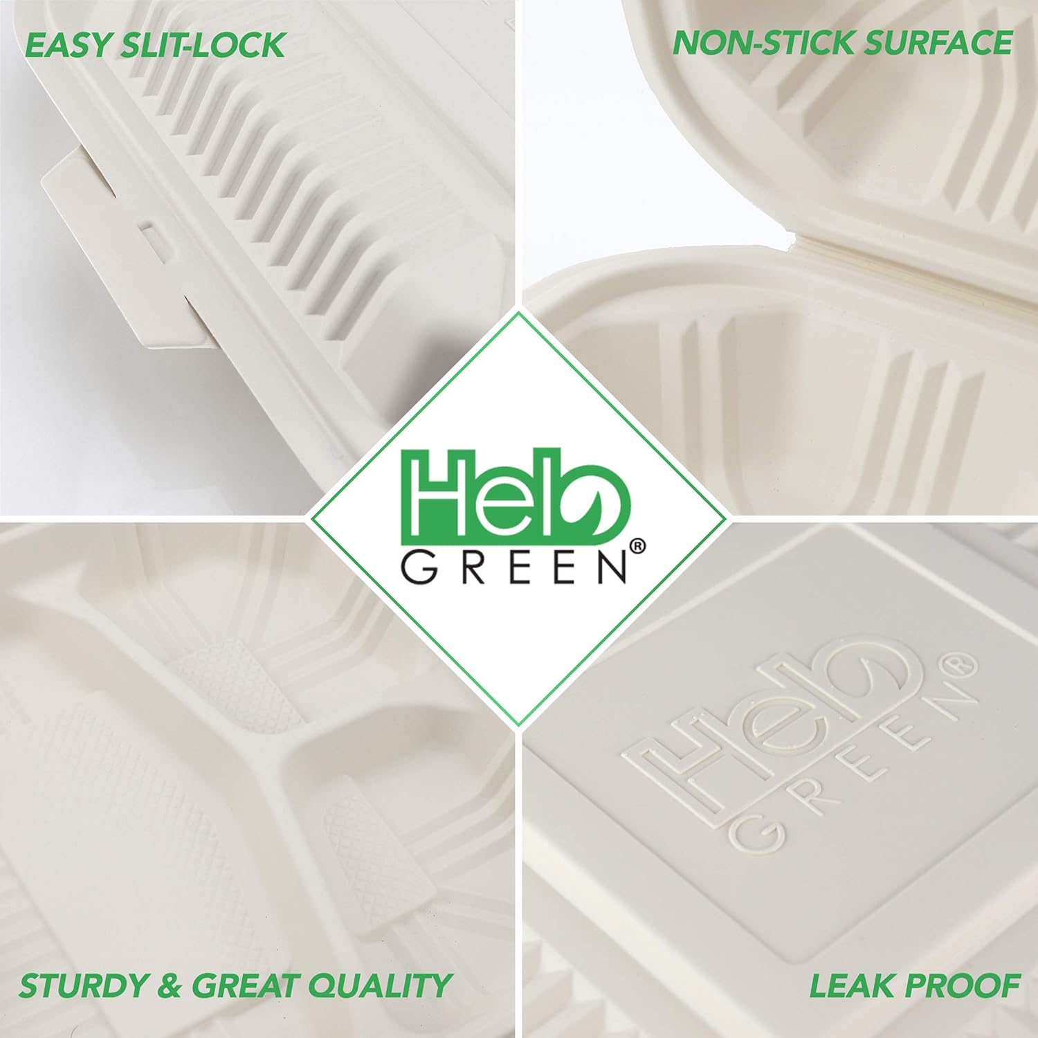 HeloGreen [100 Count] Eco Friendly Take Out Food Containers [8"x8",3-Compartment] - Non Soggy, Leak Proof, Heavy-Duty Quality, Disposable To Go Containers for Food, Cornstarch, Microwave Safe : Industrial & Scientific