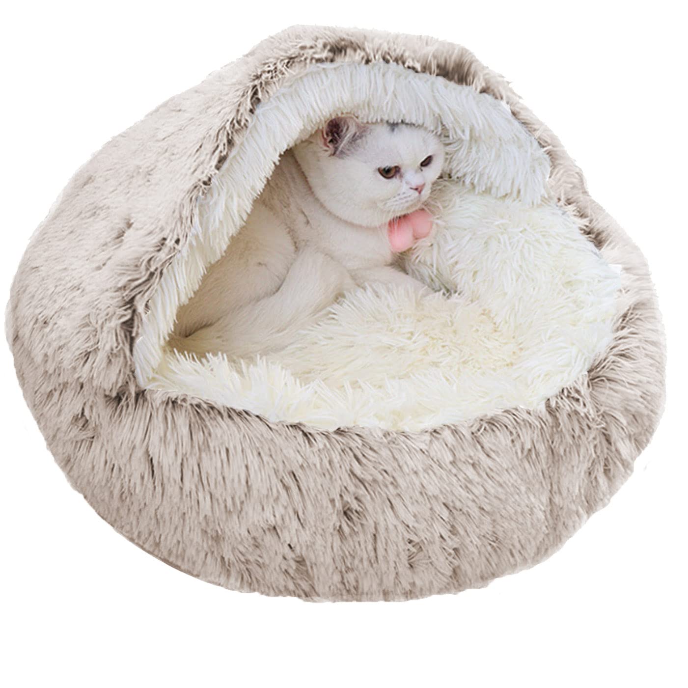 qing yun Cat Cave Bed,Fluffy Cat Hideaway Sleeping Bag,Cozy Plush Warm Pet Dog Cave Bed Anxiety Relief Cat Igloo Bed for Indoor Cats (65cm,Plush Brown)