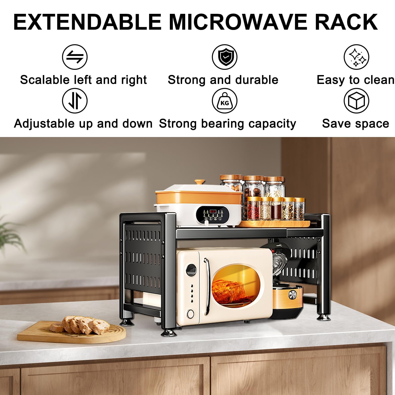 UCAMP Mensola Microonde Estensibile,Regolabile Microonde Scaffale,Acciaio Carbonio Ripiano Contatore Cucina Organizzatore Ripiani,Scaffale Salvaspazio,Supporto Microonde con 10 Ganci