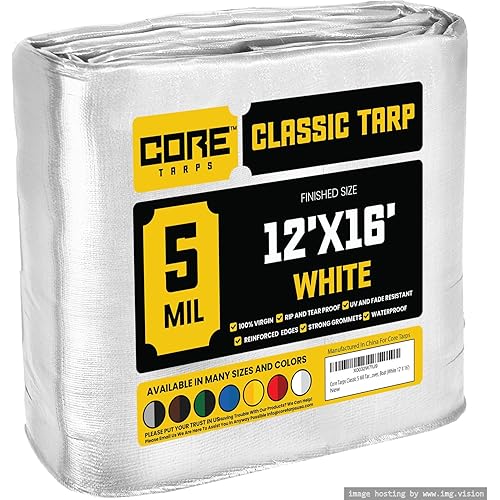 Core Tarps Classic 5 Mil Tarp Cover, Waterproof, UV Resistant, Rip and Tear Proof, Poly Tarpaulin with Reinforced Edges for Roof, Camping, Patio, Pool Cover, Boat (White 12′ X 16′)