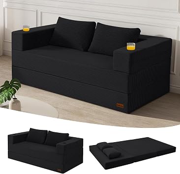 MeMoreCool Black Futon Sofa Convertible Sofa Bed Queen Folding Floor Couch Bed with Pillow Corduroy Folding Sofa Sleeper Boneless Loveseat Lounge for Living Room Small Space