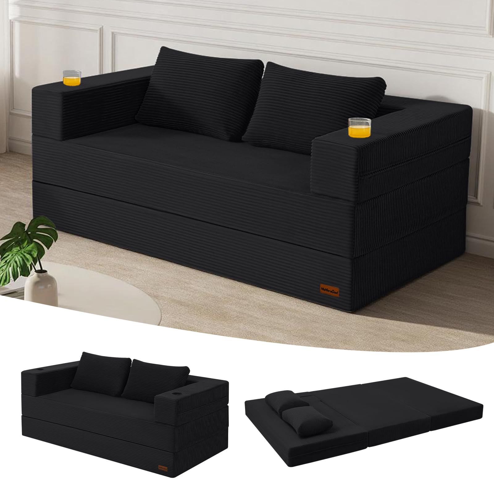 MeMoreCool Boneless Sofa Bed Queen, 94x59 in Extra Long Futon, Black | Folds out to a 94 in bed, longer than a queen mattress
