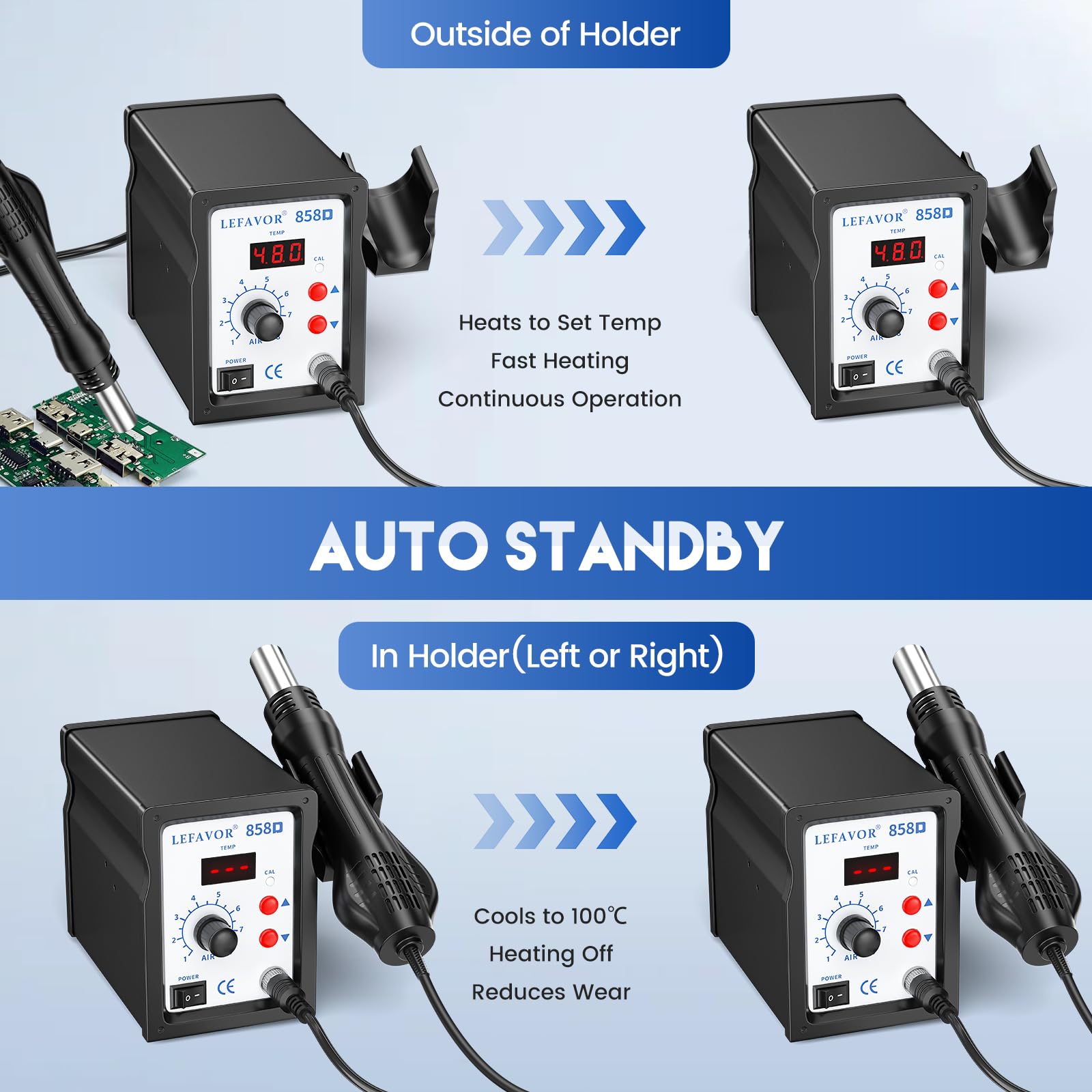 Stazione di saldatura ad aria calda con display digitale a LED – Temperatura regolabile da 100 a 480 °C, controllo del flusso d'aria a 8 livelli, set saldatore a 5 ugelli, adatto per rilavorazione SMD