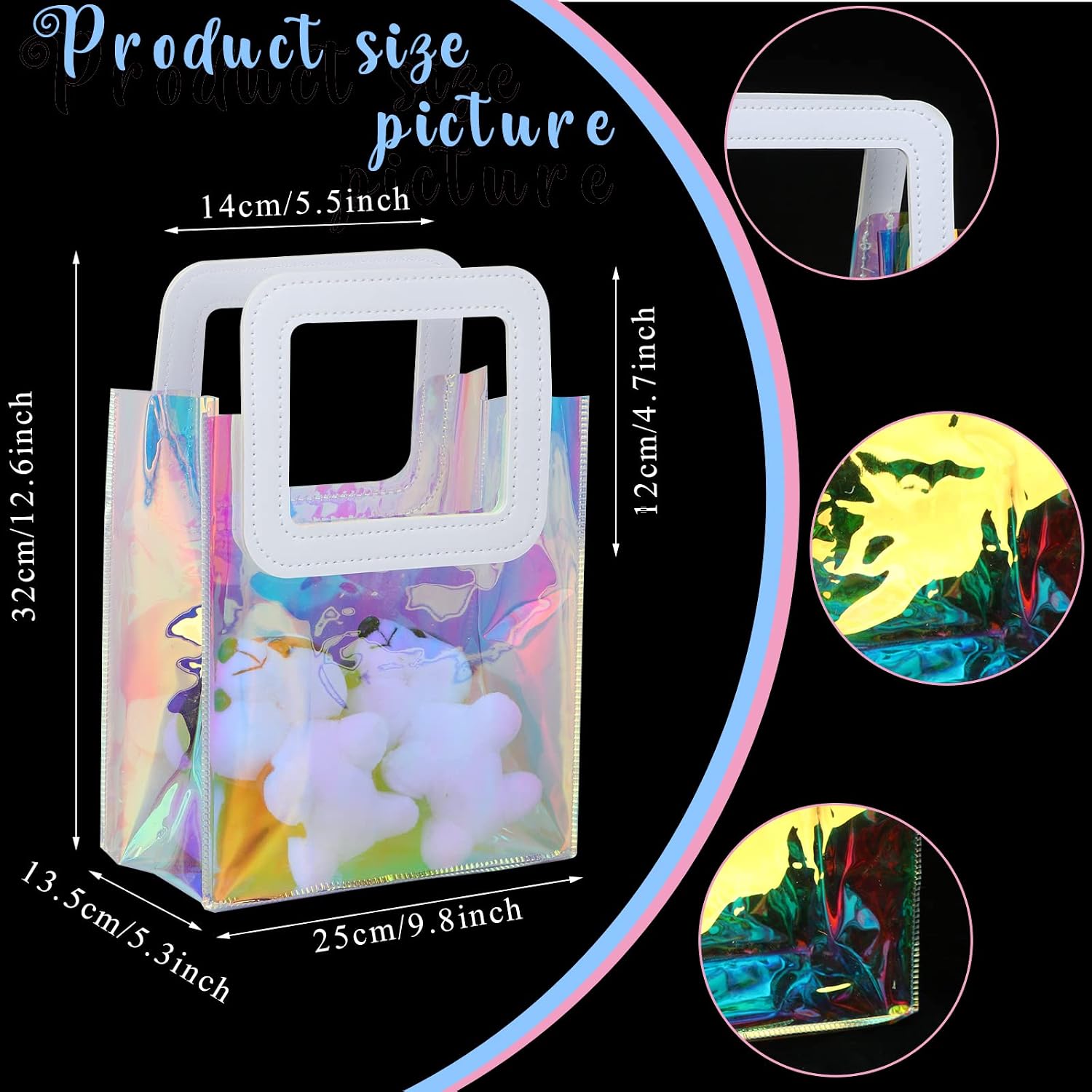 3 Pcs Iridescent Gift Bags with Handle Clear Holographic PVC Plastic Gift Bags Small Heavy Duty Gift Wrap Tote Bags for Party, Wedding, Birthday, Christmas, Shopping Bags Bulk - 12.6"x9.8"x5.3" image 3