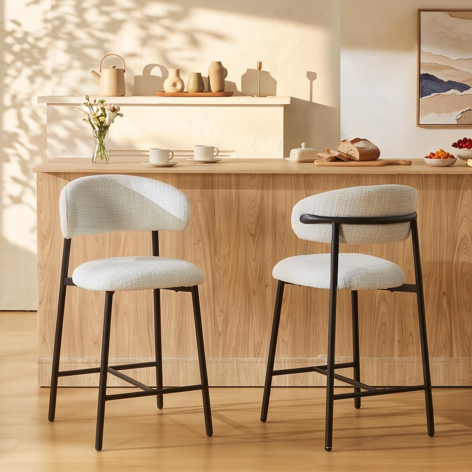 LEMROE Counter Height Bar Stools Set of 2, Chenille Bar Chair with Backrest