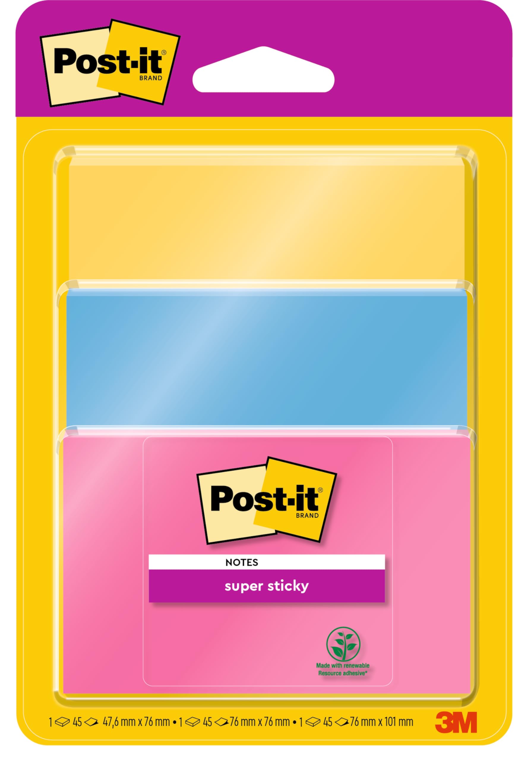 Image secondaire de Post-it Notes Autocollantes Super Sticky, Couleurs et Tailles Assorties, 3 Blocs, 45 Feuilles par Bloc, Rose, Bleu, Jaune - Feui