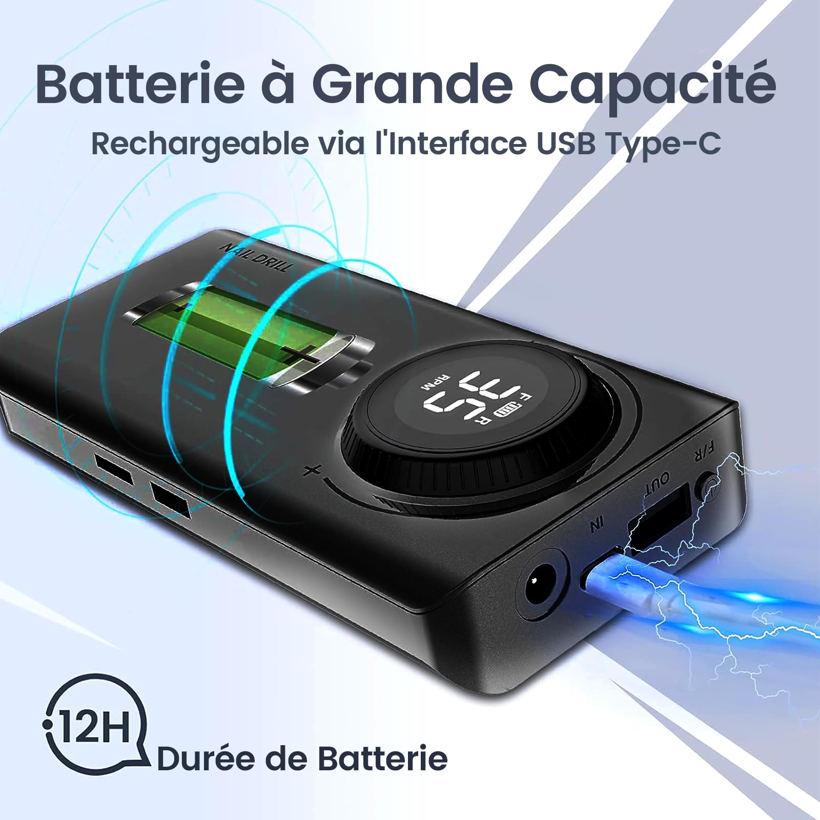 Delanie Ponceuse pour Ongles Professionnel Electrique Rechargeable 35000 Tours avec 6 Embouts et Affichage de LCD Puissante Silenceuse pour Manucure Pédicure