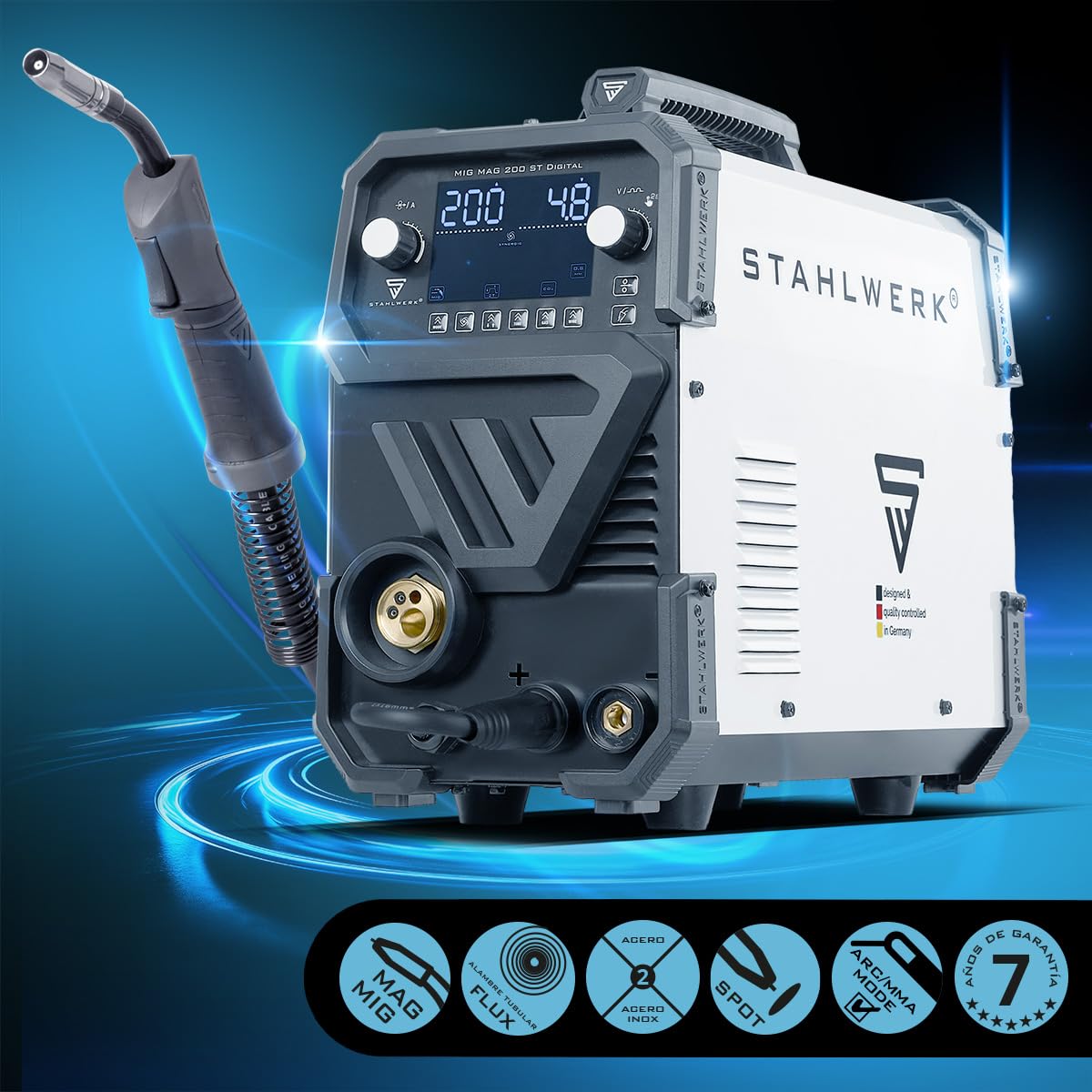 STAHLWERK Soldador MIG/MAG 200 ST Digital – Máquina de soldar | Inverter con 200 A, MMA (Electrodo/ARC), FLUX (hilo hueco), posibilidad de soldar sin gas, Spot, avance de hilo sinérgico
