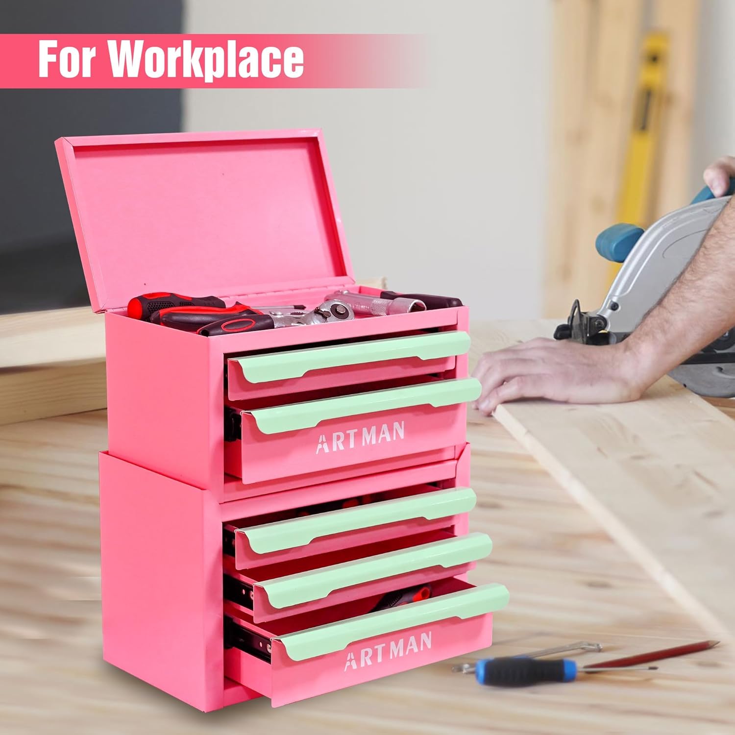 Mini Tool Box with Drawers, Small Tool Chest Style Metal Desktop Storage Box, Portable Desktop Drawer Organizer with Stackable Top & Base Design for Desk, Office & Small Tool Parts — Pink Green