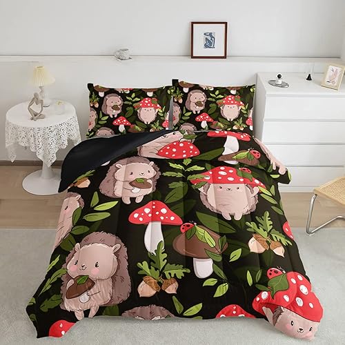 Miniatura 3 de Juego de ropa de cama de erizo lindo juego de edredón de hongos rojos y negros, avellana, hongos salvajes botánico con 2 fundas de almohada, tamaño