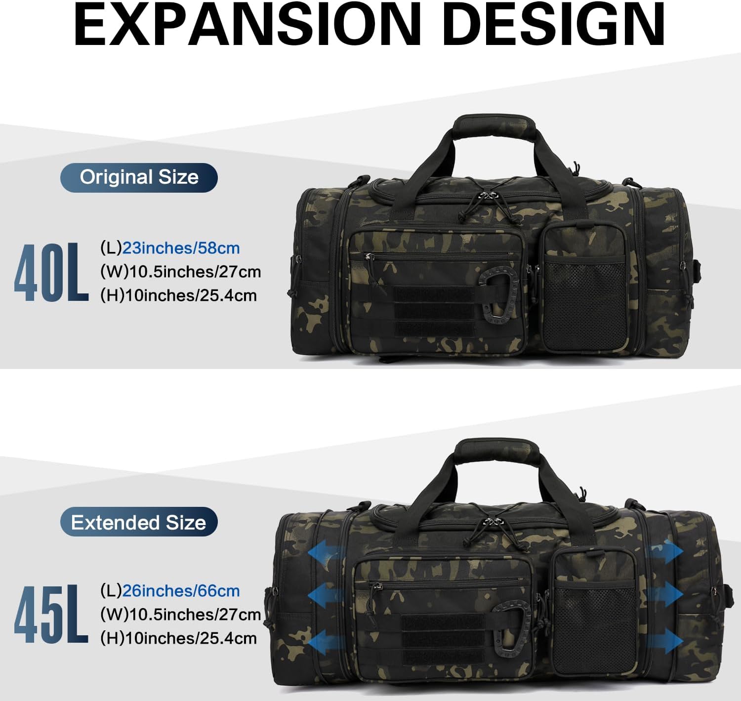 3 in 1 Tactical Travel Duffle Bag Backpack for Men Women 40-45L Expandable Gym Bag & Sport Duffel Bags for Travel with Shoe Compartment & Wet Pocket, Weekend Overnight bag for Caming, Camo - Image 5
