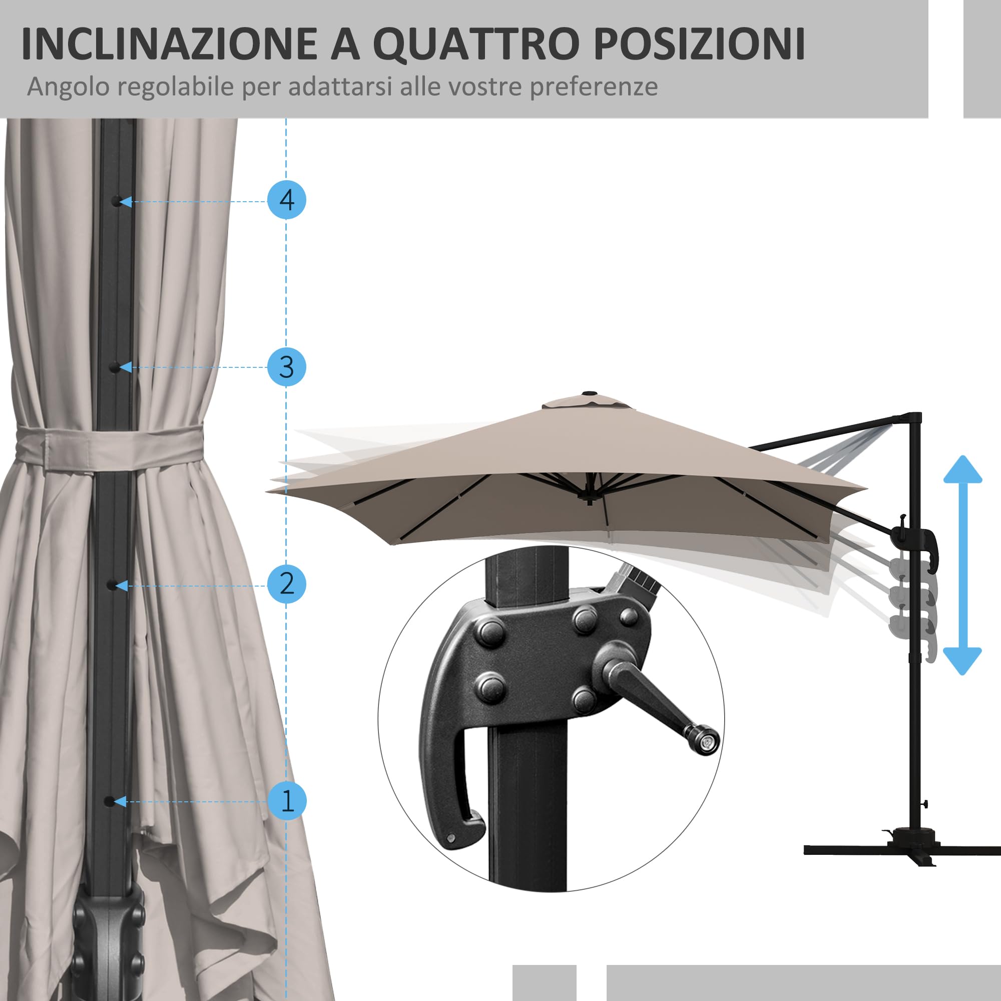 Outsunny Ombrellone da Giardino Manovella 3x3 m Inclinabile 360 | Ombrellone Decentrato a Braccio, Base a Croce, Girevole a 360°, Poliestere 250g/㎡, Alluminio