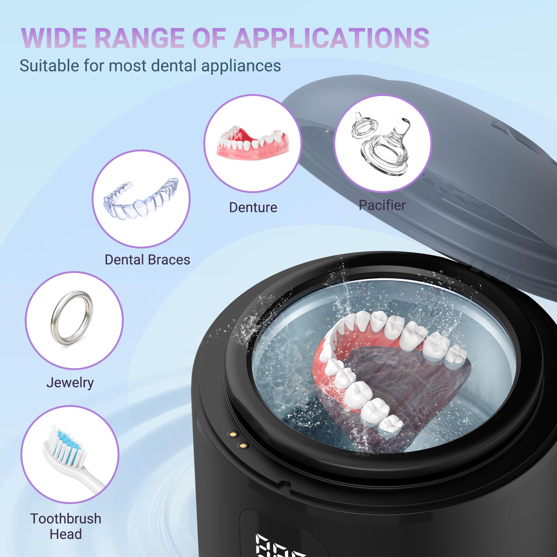 Ultrasonic Retainer Cleaner 25W Portable Ultrasonic Denture Cleaner Multi-Mode 45KHz with Drying and Removable Inner for Dental Trays, Braces, Jewelry, Toothbrushes, Mouth Guards, Aligners,Ring Black - 5