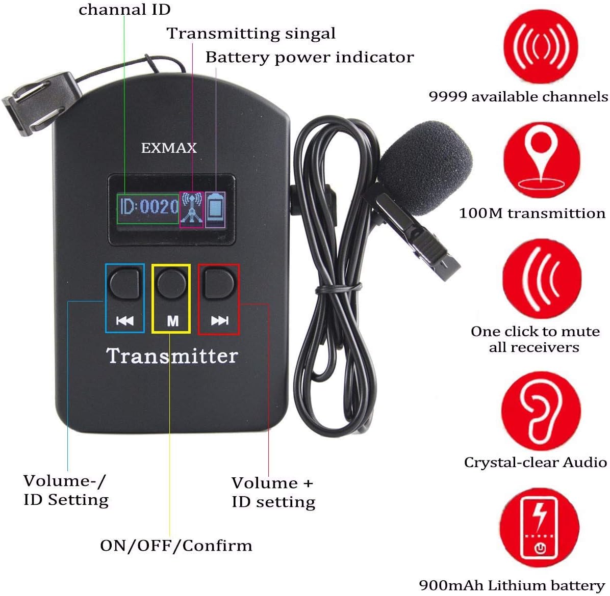 EXMAX EXD-6824 Wireless Tour Guide System Church Translation Equipment Up to 328 feet Audio Transmission for Bus Travel Industry Tour Assistive Listening 2 Transmitters 20 Receivers Storage Case