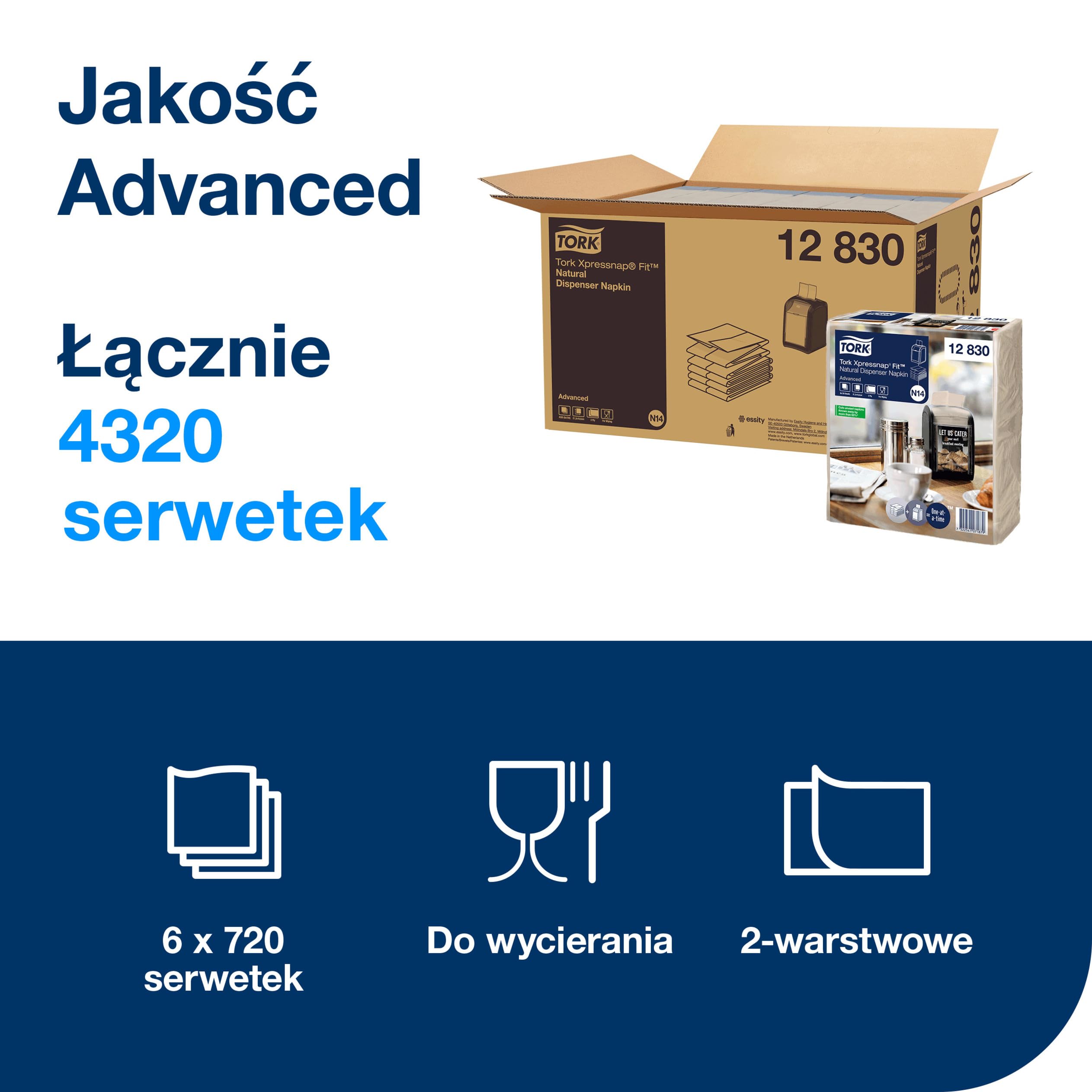 Tork Xpressnap Fit 12830 serwetki do napełniania do serwetki papierowej N14, wysoka jakość – 2-warstwowe, naturalne – 6 x 720 (4320) szt