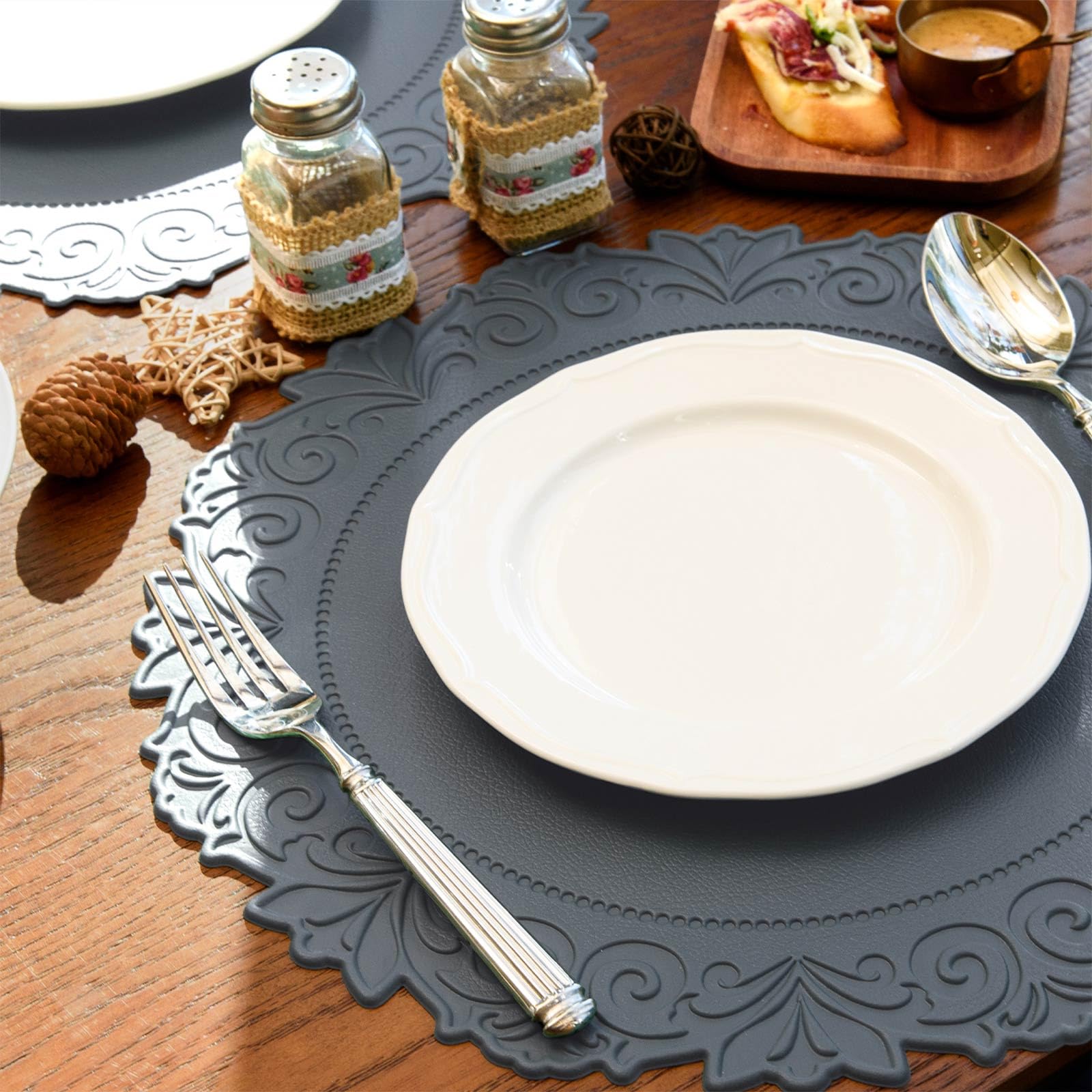 Noctiflorous Set di 6 tovagliette rotonde in finta pelle, impermeabili, lavabili e resistenti al calore, per tavolo da pranzo, cucina, antiscivolo, lavabili, oleose (grigio grafite, 6)