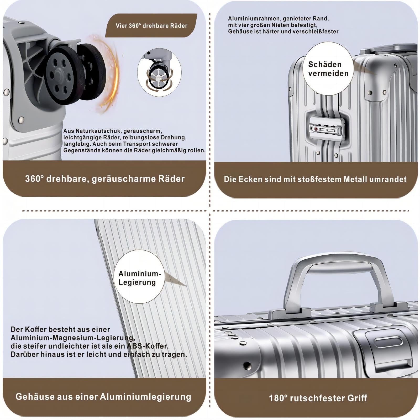 Aoliwei Valigia da viaggio in alluminio, con manico telescopico, TSA, 4 ruote, argento, m, Trolley rigido in alluminio con ruote orientabili