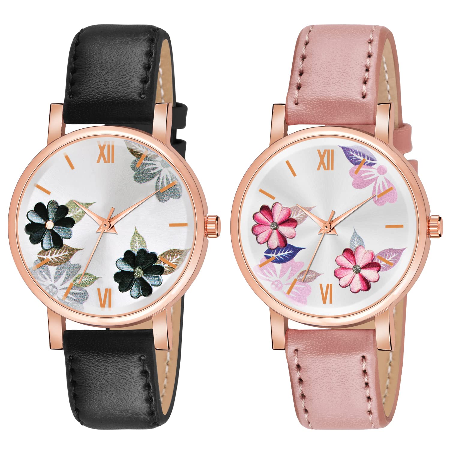 Shocknshop Analog Multi colored Flower Design Dial Combo Wrist Leather Band Watch for Women Girls - (Black & Pink Colored Strap) (B0BD8LS9K5) Amazon Price History, Amazon Price Tracker