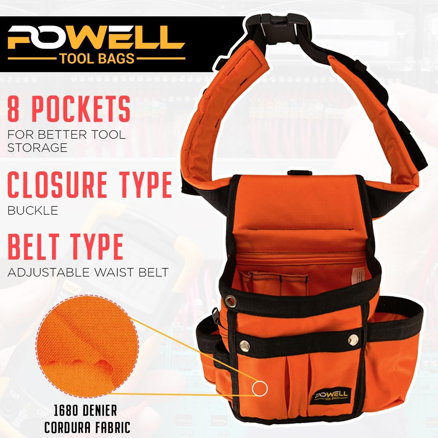 Powell Efficient and Reliable 8 Pocket Single Sided Tool Bag Belt- Adjustable Waist Belt- 1680 D Cordura Construction- Ideal for Mechanics, Electricians, Plumbers, Carpenters, and Handymen(Red)