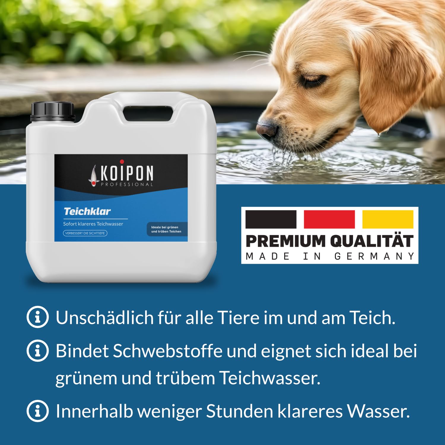 KOIPON Teichklar 1L Teichwasseraufbereiter für klares Teichwasser | Teichklärer gegen Schwebealgen, grünes und trübes Wasser | Reduziert Phosphat und Schwermetalle