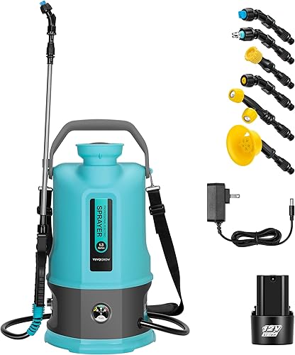 Pulverizador a batería, pulverizador de bomba eléctrica de 1.3 galones5L con seis boquillas, correa de hombro ajustable y varita de pulverización