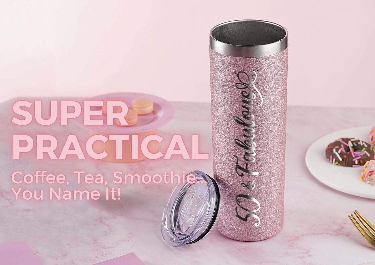 Onebttl 50th Birthday Gifts for Women, Female, Her - 50 and Fabulous - 20oz/590ml Stainless Steel Insulated Glitter Tumbler with Straw, Lid, Message Card - (Rose Gold)
