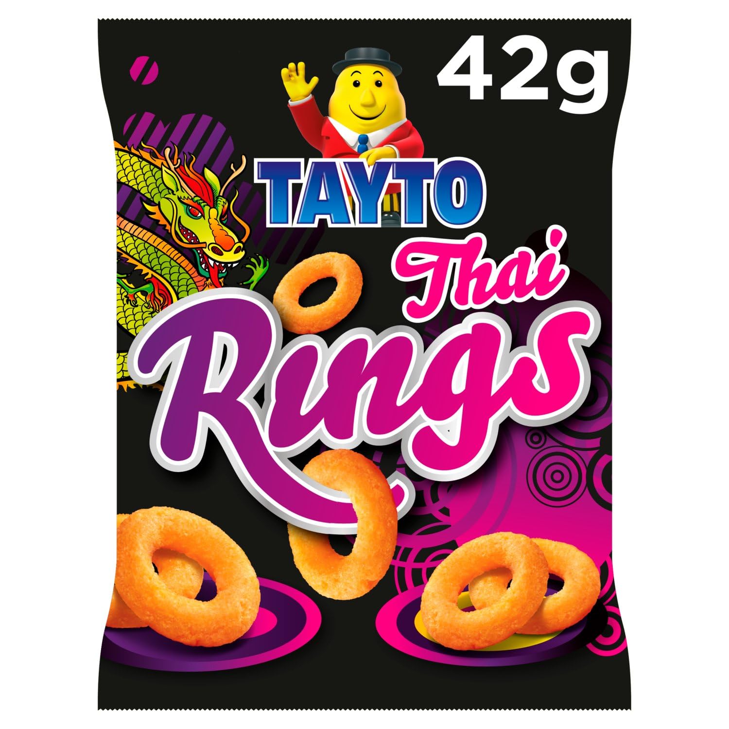 Tayto Thai Rings Maize Snacks, 42g (1.48oz) Each, 8 Pack, Oriental Spice Flavor