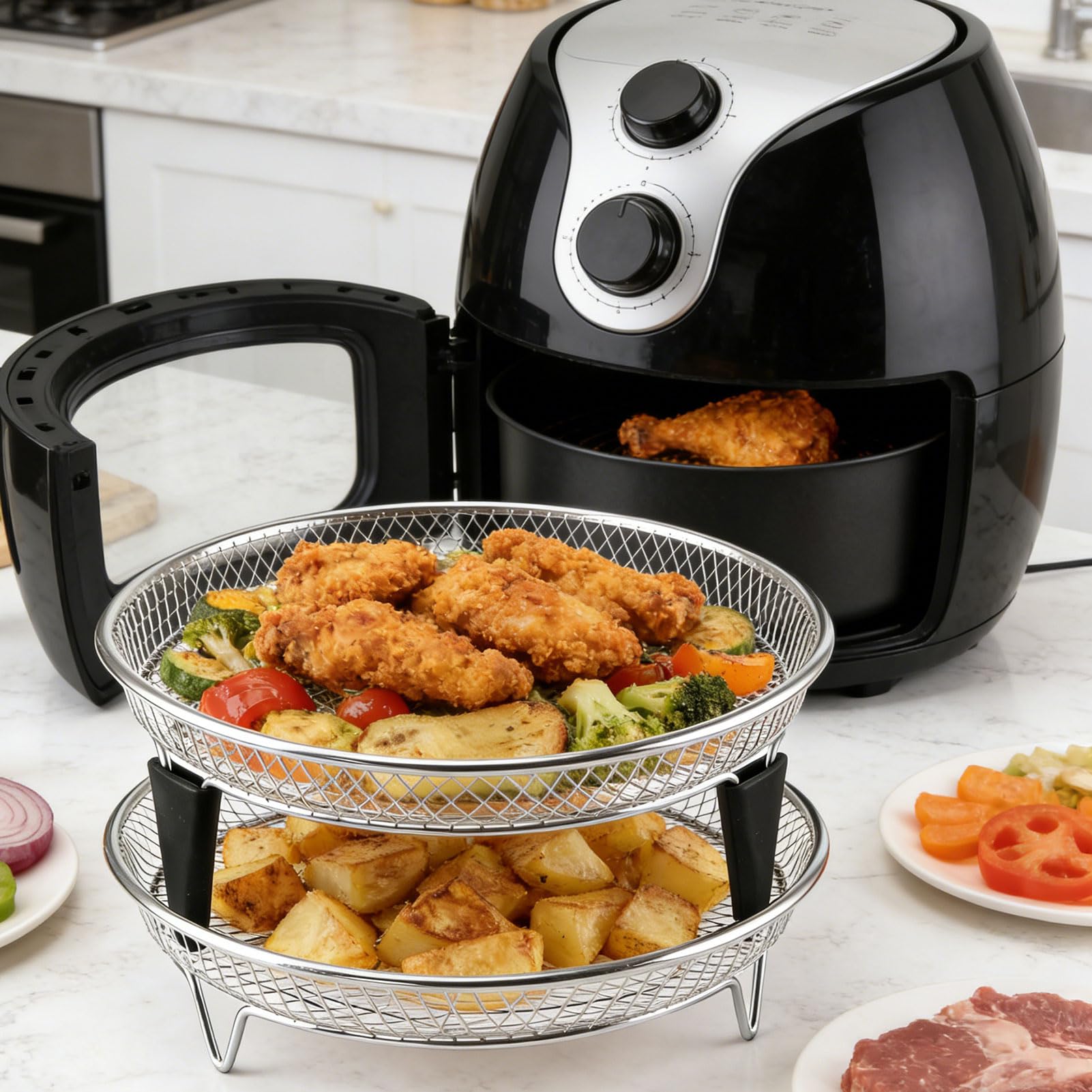 Airfryer Zubehoer, Heißluftfritteuse Zubehör Rund,Stapelbare Airfryer Gitter für Heißluftfritteuse,Air Fryer Grillrost Edelstahl 304,Einsatz für Heissluftfritteuse,für Ninja/COSORI/Philips (18cm-B)