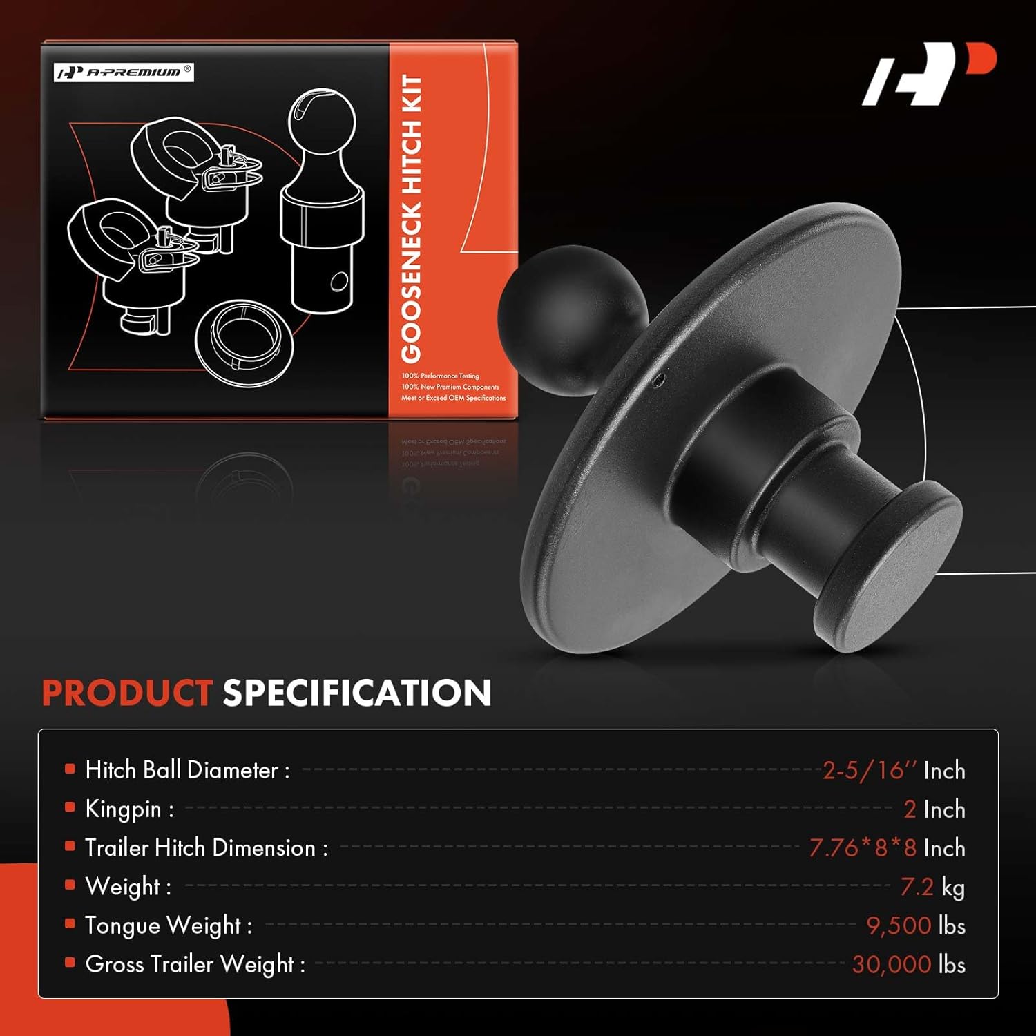 A-Premium Gooseneck Ball Adapter Hitch 2" King Pin and 2-5/16 Inch Ball Trailer Hitch with 30,000 lbs GTW For Tractor-Trailer Fifth Wheels - Replace# 2085295