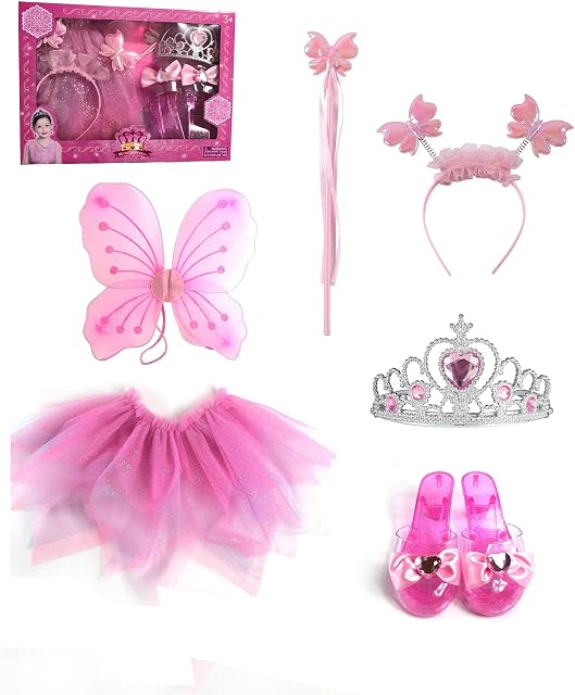 koolbitz Girls Fairy Costume Princess Fancy Dress with Crown, Butterfly Wing, Skirt, Headband and Magic Wand, Beautiful Angel Costume Gift for Birthday, Christmas, Fancy Dress Competition