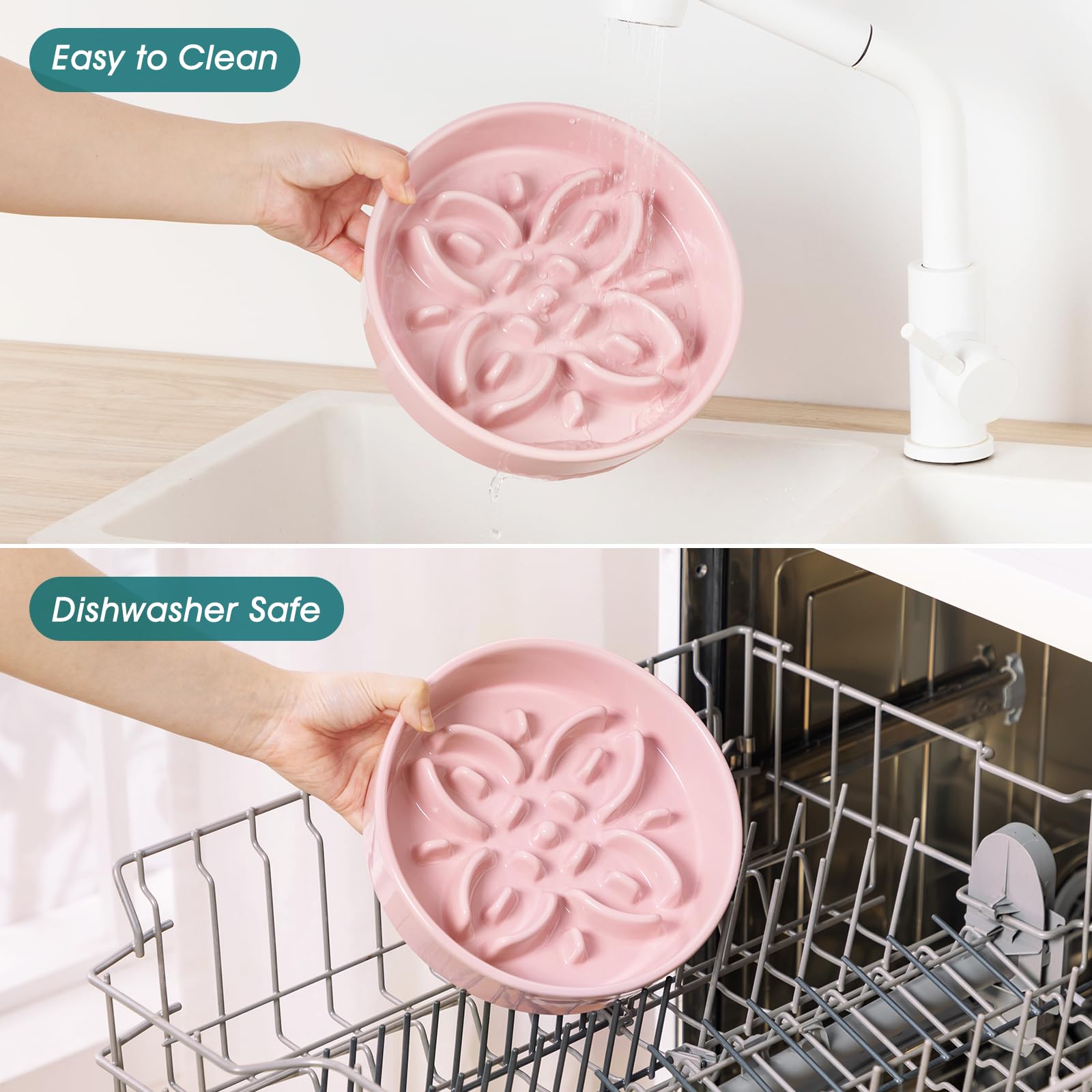 vancasso Comedero Antivoracidad para Perros y Gatos, Plato de Cerámica con Laberinto de Pétalos, Alimentación Lenta y Antideslizante, Bol Calmante e Interactivo, Rosa